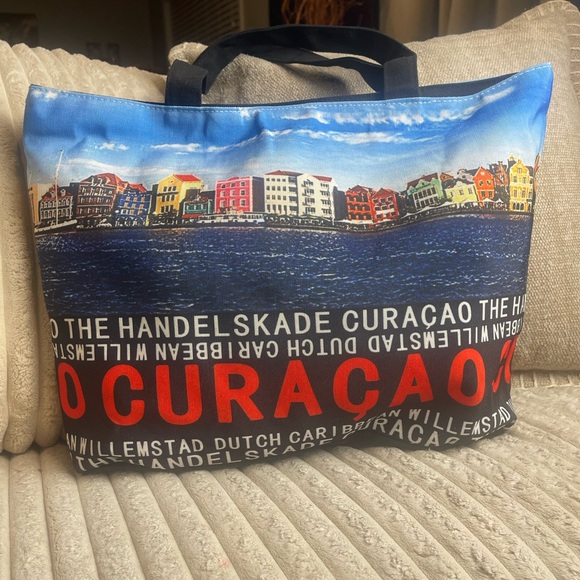 Curaçao Harbor Print Tote Bag — Blue and Brown - Picture 5 of 8